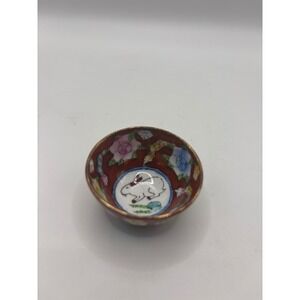 Vintage Chinese Porcelain Rabbit Sake Cup Hand Painted Floral Tea Bowl Red 2in